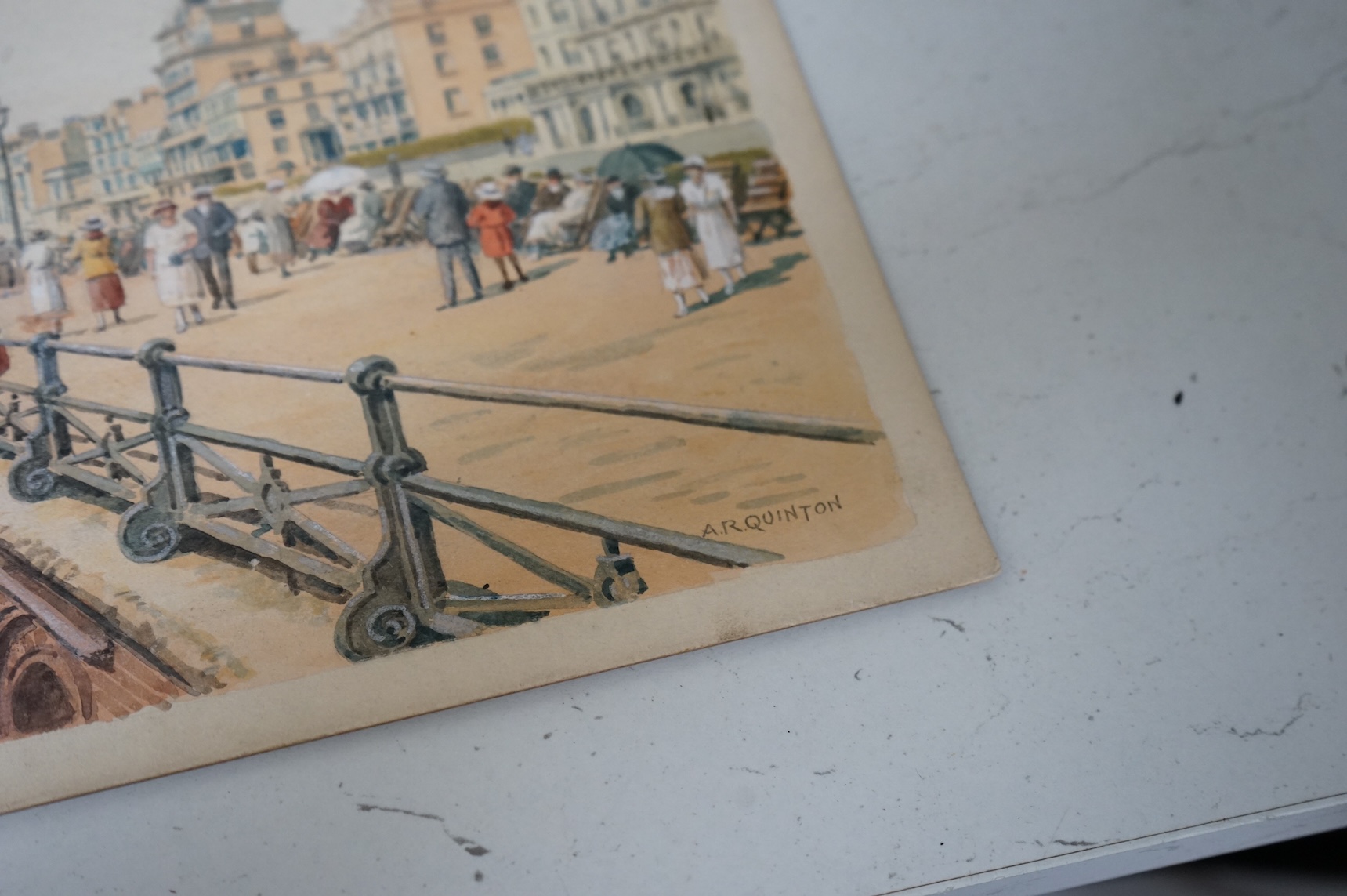 Alfred Robert Quinton (1853-1934), a set of four original watercolours for postcard designs, Brighton views to include ‘New Promenade Gardens’, ‘Kings Road from Queens Hotel and ‘Miniature Golf Course’, each monogrammed,